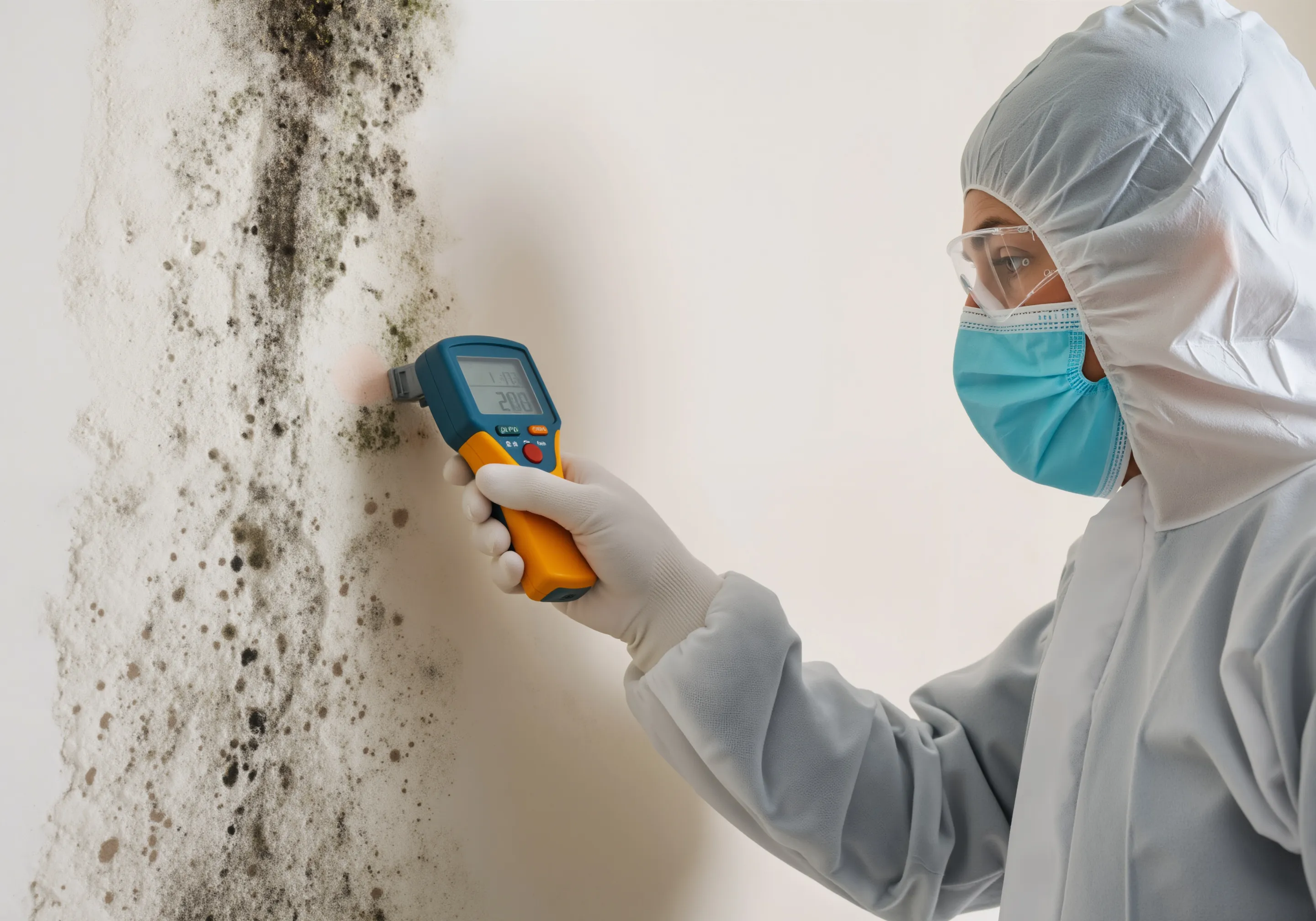 Woman inspecting mold found on home owners wall